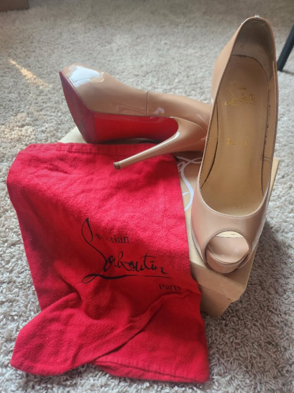 Christian Louboutin Vendome 120 Patent Nude Peep Toe Heels EU 37 w/ Box & Dust B